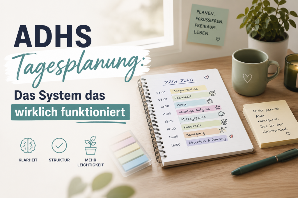 Aufgeräumter Schreibtisch mit Planer und Kaffee — ADHS Tagesplanung System