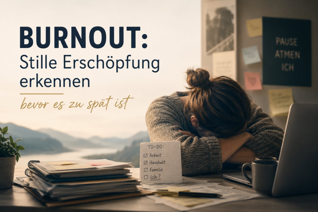 Person sitzt erschöpft am Tisch — Burnout erkennen und verstehen