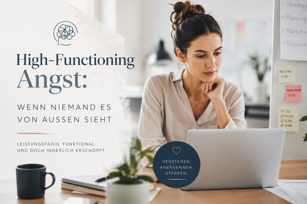 Frau am Schreibtisch wirkt ruhig — High-Functioning Angst unsichtbar