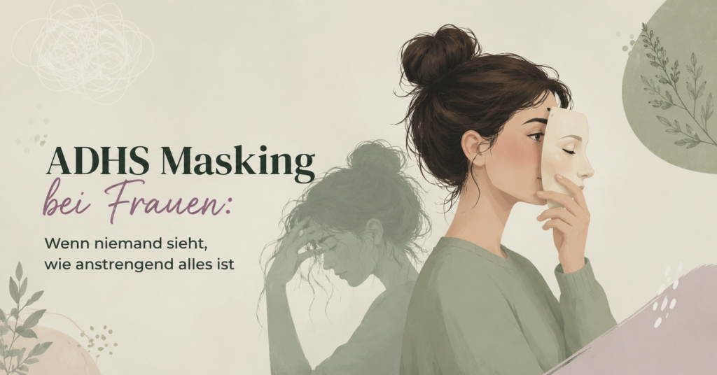 llustration einer Frau die nach außen ruhig und funktionierend wirkt, innerlich aber erschöpft ist — Symbol für ADHS Masking